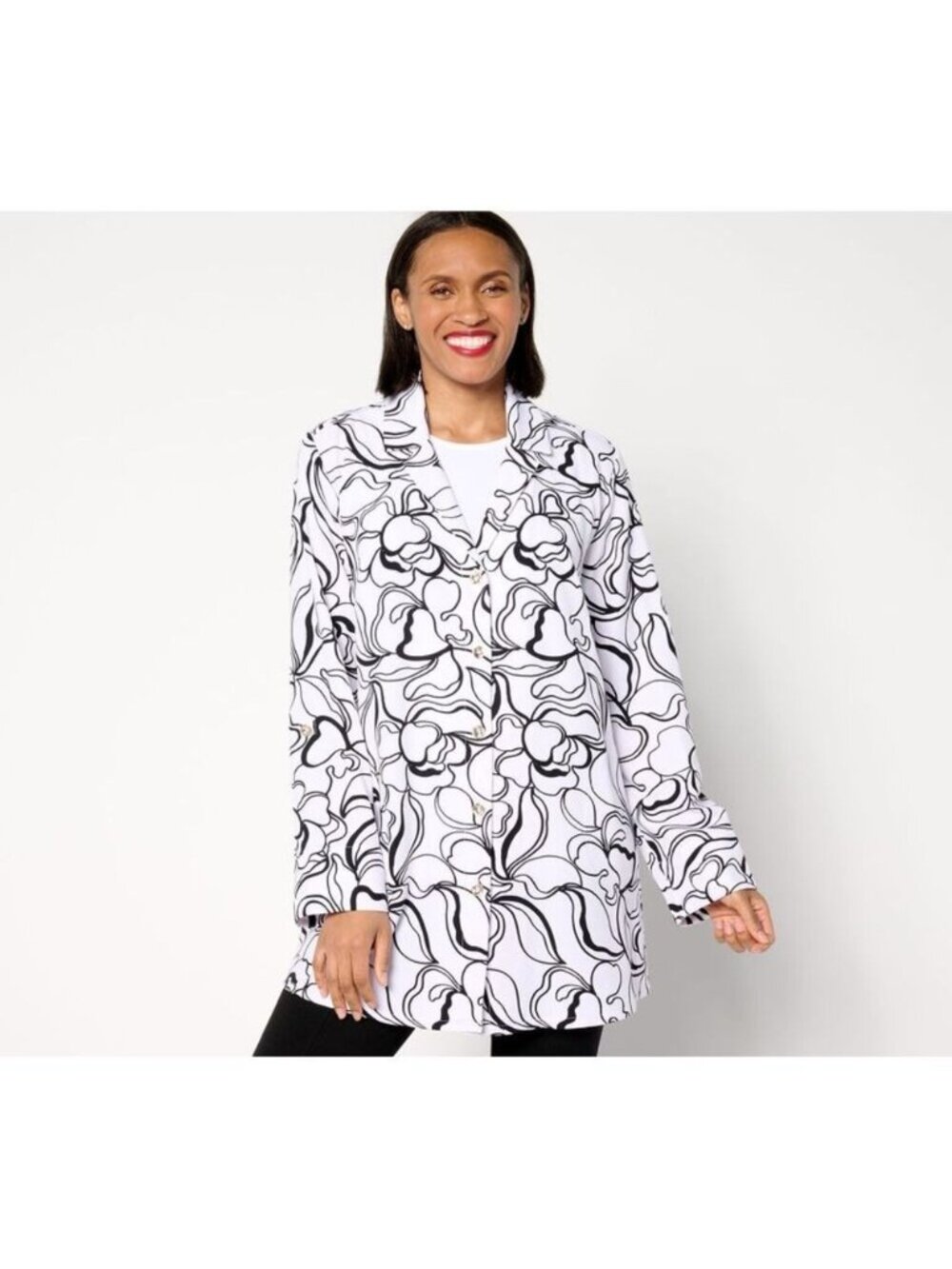 Dennis Basso Women Tunic M Printed Italia Knit Button Front White Black A650041